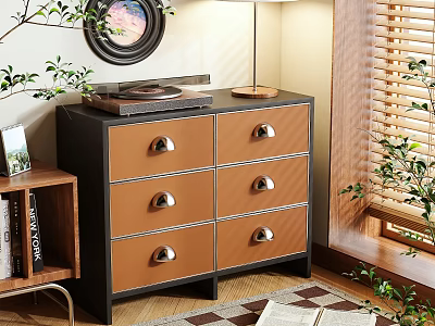 Modern Chest of Drawers with Black Frame Orange Drawers Silver Handles Green Plants and Blinds 3d model