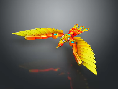 Vibrant Yellow Orange Mechanical Bird Flying With Blue Eyes And Gray Background Reflection 3d model