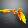 Vibrant Yellow Orange Mechanical Bird Flying With Blue Eyes And Gray Background Reflection
