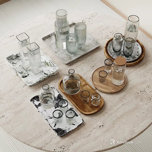 Elegant Wine Bottles And Glasses On Marble Wood Trays 3d model 