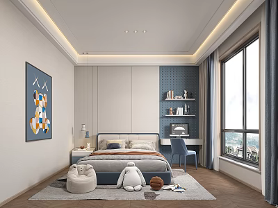 Modern Kids Bedroom With Plush Toy Bean Bag And Bookshelves 3d model