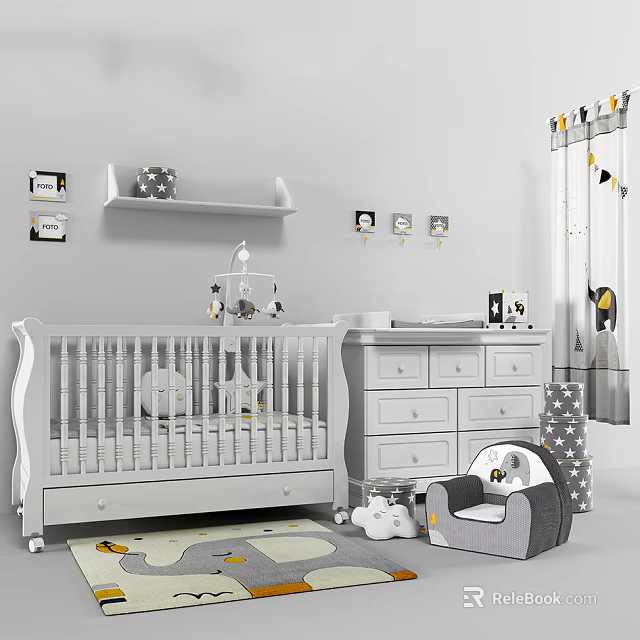 Cozy Modern Baby Crib with Dresser Wall Shelf Penguin Curtains and Plush Toys in Nursery 3d model 