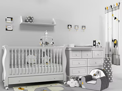 Cozy Modern Baby Crib with Dresser Wall Shelf Penguin Curtains and Plush Toys in Nursery 3d model