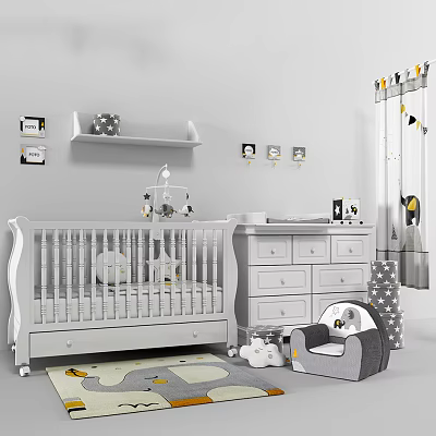Cozy Modern Baby Crib with Dresser Wall Shelf Penguin Curtains and Plush Toys in Nursery 3d model