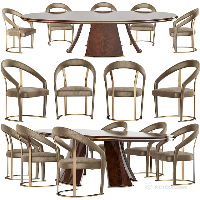 Elegant Dining Table Set With Wooden Table And Metal Frame Fabric Covered Chairs 3d model 