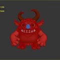 Red Monster Game and Movie Character with Brown Horns Big Eyes and Sharp Teeth