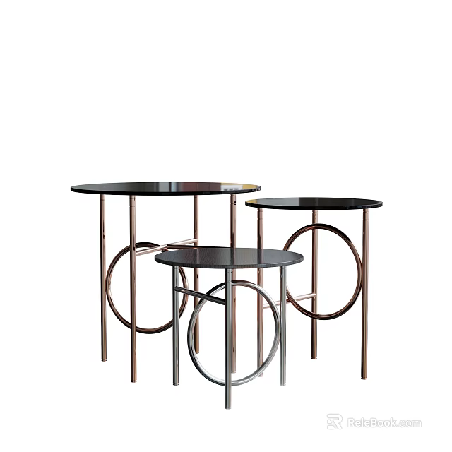 Modern Round Side Tables With Black Tabletop And Metal Circular Frame Design 3d model