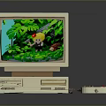 Vintage Computer Setup With Monitor Desktop Tower Keyboard Floppy Disk And Pixel Game Scene
