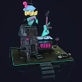 Cartoon Scene With 24h Cafe Neon Sign Green Guitar Old House And Platform Steps