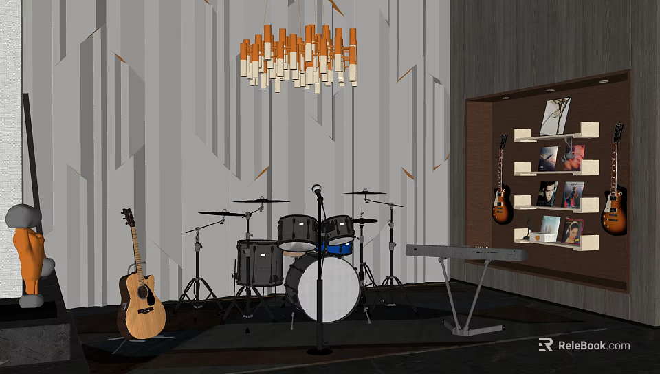 Modern Interior Display of Musical Instruments and Art Supplies Including Guitar Drum Set and Keyboard 3d model 