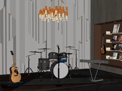Modern Interior Display of Musical Instruments and Art Supplies Including Guitar Drum Set and Keyboard 3d model