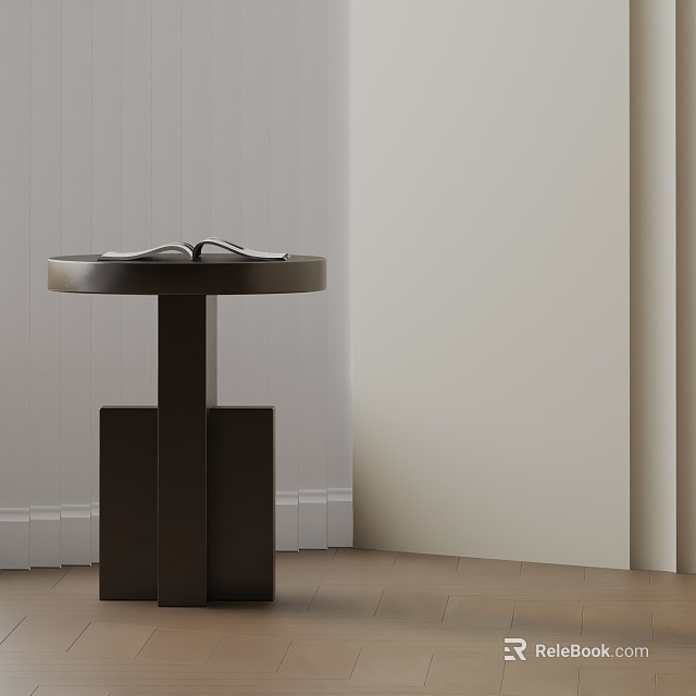 Dark Round Top Side Table With Square Pedestal Base In Minimalist Interior With Light Walls 3d model 