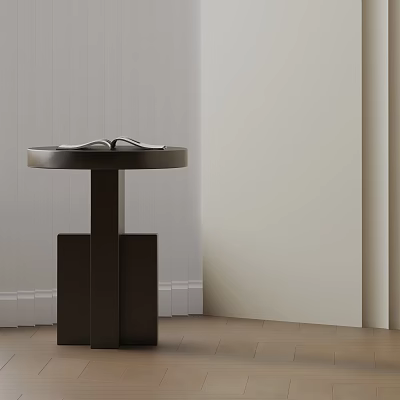 Dark Round Top Side Table With Square Pedestal Base In Minimalist Interior With Light Walls 3d model