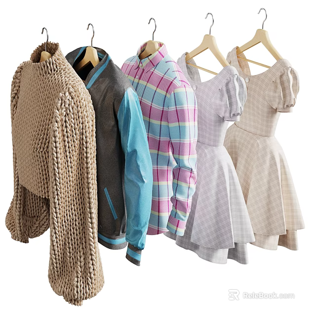 Stylish Women's Clothes Collection With Knit Sweater Jacket Plaid Shirt And A-Line Dress Designs 3d model 