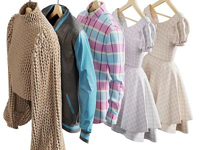 Stylish Women's Clothes Collection With Knit Sweater Jacket Plaid Shirt And A-Line Dress Designs 3d model