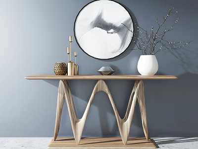Wooden Console Table With Wavy Legs Round Abstract Painting White Vase And Golden Decor 3d model