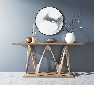 Wooden Console Table With Wavy Legs Round Abstract Painting White Vase And Golden Decor 3d model