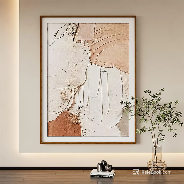 Framed Abstract Painting As Modern Living Room Wall Decor With Green Plant 3d model 