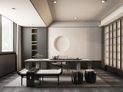 Modern Tea Room Interior With Long Table Tea Set Circular Decor And Lattice Wall 3d model