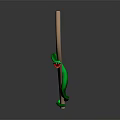 Green Snake Sculpture Coiled Around Curved Wooden Stick With Open Mouth And Sharp Fangs
