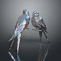 Silver Bird Sculptures Standing on Stands Against Dark Background With Reflections 3d model