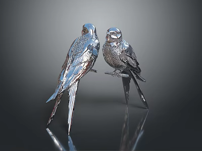 Silver Bird Sculptures Standing on Stands Against Dark Background With Reflections 3d model