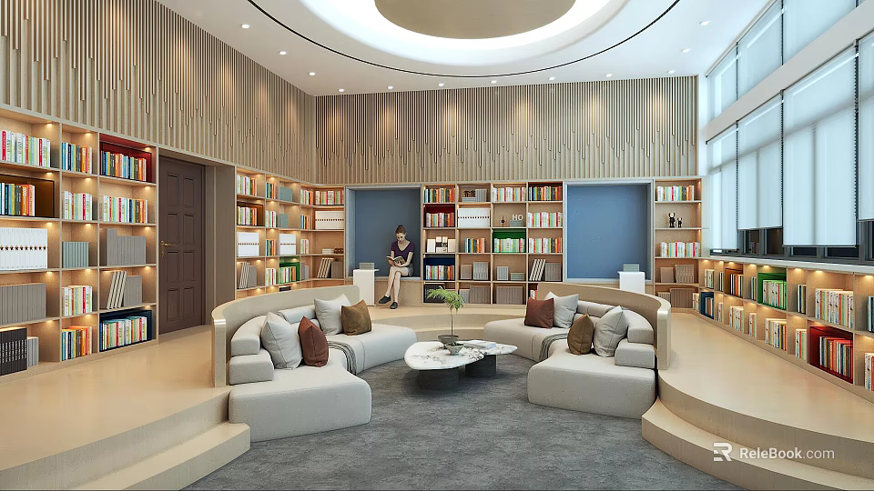 Modern Reading Room With Wooden Walls Bookshelves Circular Ceiling And Comfortable Sofas 3d model 
