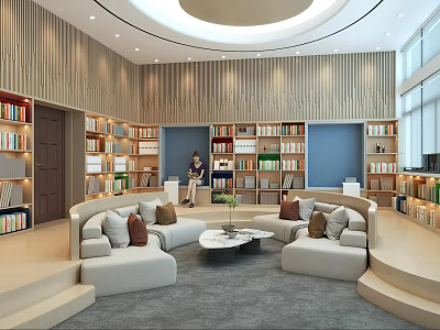 Modern Reading Room With Wooden Walls Bookshelves Circular Ceiling And Comfortable Sofas 3d model