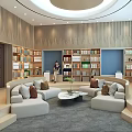 Modern Reading Room With Wooden Walls Bookshelves Circular Ceiling And Comfortable Sofas