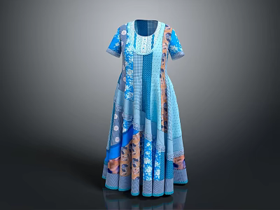 Blue Patchwork Design Dress With Short Sleeves And Various Blue Brown Patterns 3d model