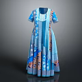 Blue Patchwork Design Dress With Short Sleeves And Various Blue Brown Patterns
