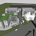 Modern Industrial Factory Building Exterior With Wide Roadway Parked Vehicles And Green Plants