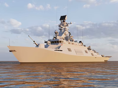 Naval Warship Sailing On Open Sea With Clear Sky And Water Reflection 3d model