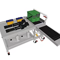 Mobile Industrial Equipment With White Platform Conveyor Belt Green Box And Black Cylindrical Components