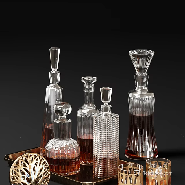Elegant Crystal Wine Decanters and Glasses with Intricate Patterns on Dark Background 3d model 