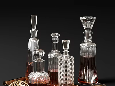 Elegant Crystal Wine Decanters and Glasses with Intricate Patterns on Dark Background 3d model