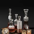 Elegant Crystal Wine Decanters and Glasses with Intricate Patterns on Dark Background 3d model