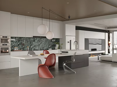 Modern Kitchen Dining Area With White Cabinets Island Green Marble Backsplash Red Chairs Pendant Lights 3d model