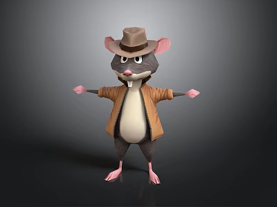 Cartoon Mouse 3D Model Wearing Brown Hat Brown Coat With Arms Outstretched 3d model