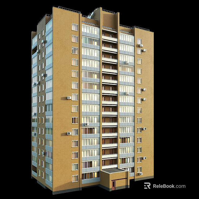 Modern Residential Tower With Yellow Brick Exterior Windows Balconies And Air Conditioners 3d model 