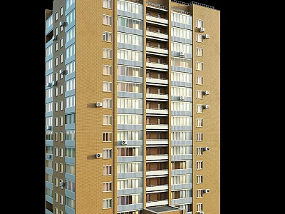 Modern Residential Tower With Yellow Brick Exterior Windows Balconies And Air Conditioners 3d model