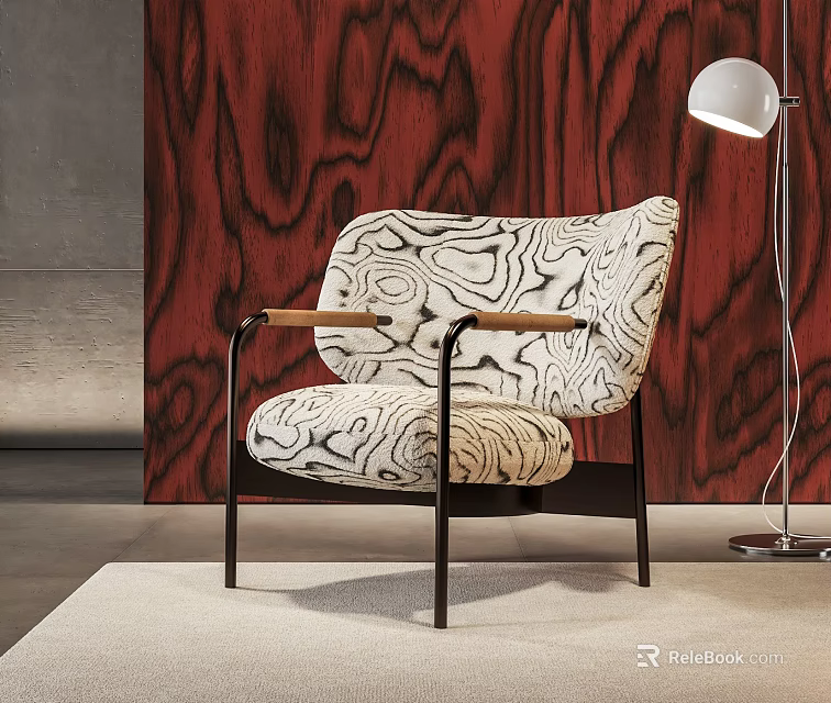 Modern Leisure Chair with Black White Marble Pattern Wooden Armrests and Black Metal Legs 3d model 