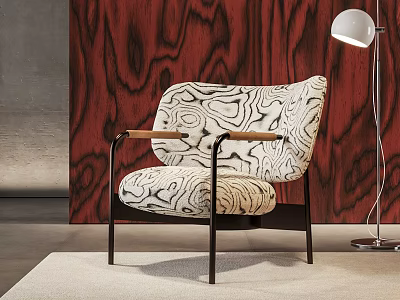 Modern Leisure Chair with Black White Marble Pattern Wooden Armrests and Black Metal Legs 3d model