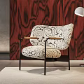 Modern Leisure Chair with Black White Marble Pattern Wooden Armrests and Black Metal Legs