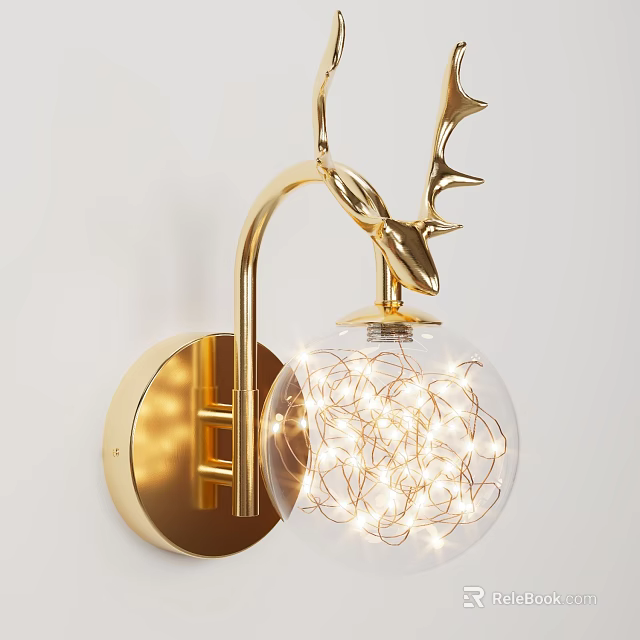 Golden Deer Head Design Wall Lamp With Transparent Glass Ball And Illuminated String Lights 3d model 