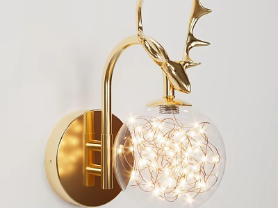 Golden Deer Head Design Wall Lamp With Transparent Glass Ball And Illuminated String Lights 3d model