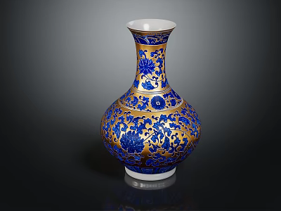 Blue And Gold Decorative Vase With Intricate Floral Patterns On Ceramic Body 3d model