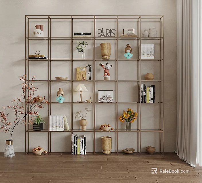 Modern Metal Grid Shelving Unit with Books Vases Decor Items and Potted Plants in Minimalist Room 3d model 
