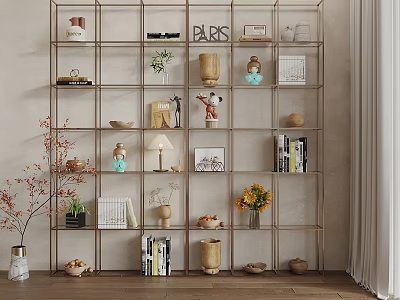 Modern Metal Grid Shelving Unit with Books Vases Decor Items and Potted Plants in Minimalist Room 3d model