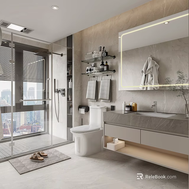 Modern Bathroom Interior With Glass Shower Marble Vanity Mirror And City View 3d model 